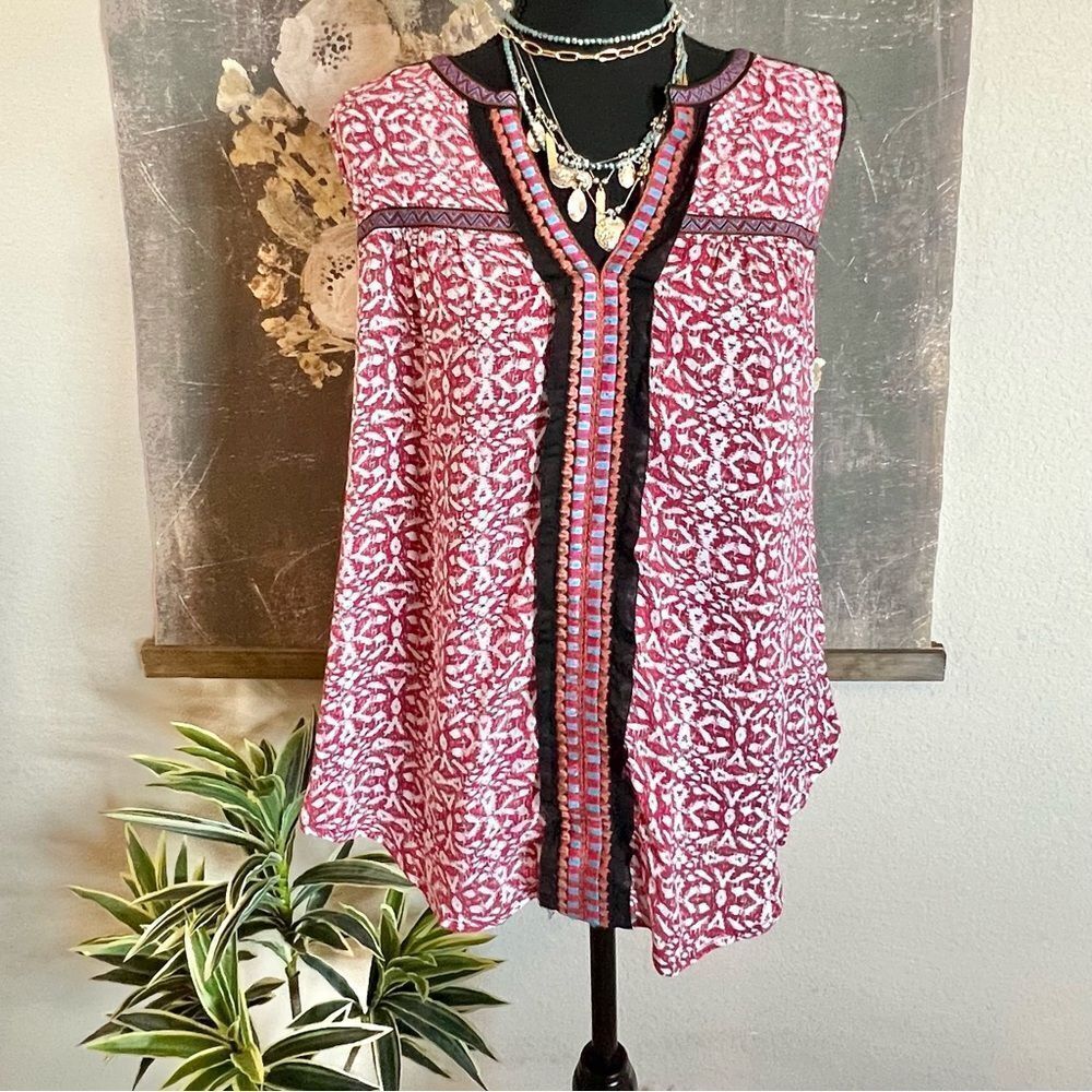 Anthropologie A Common Thread Red Kakali Boho Embroidered Sleeveless Blouse Sz M